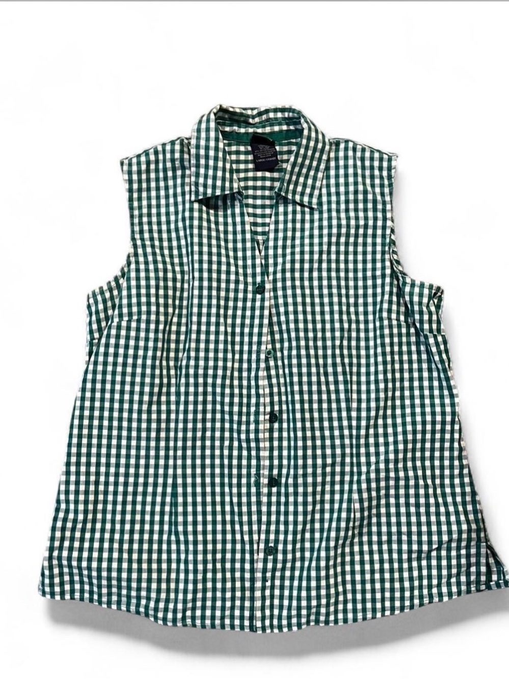 Basic Editions Green and White Gingham Sleeveless Button-Up